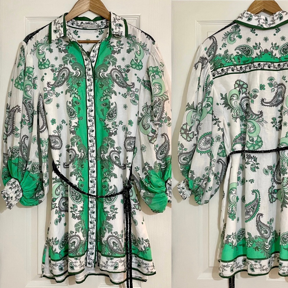 ALICE + OLIVIA Oralia Paisley Printed Belted Shirt Dress Women’s Size 4